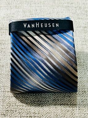 Van Heusen Blue, Silver & Black Striped Silk Tie
